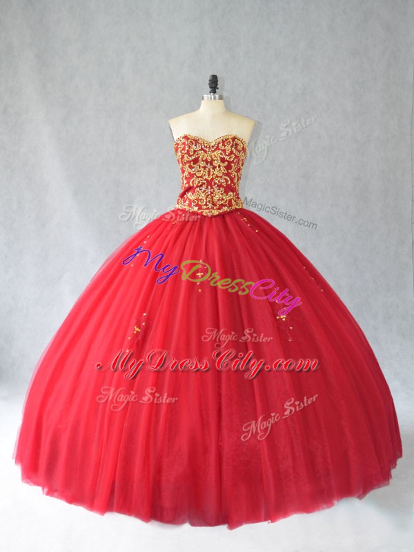 Cheap Sleeveless Tulle Brush Train Lace Up Quince Ball Gowns in Red with Beading