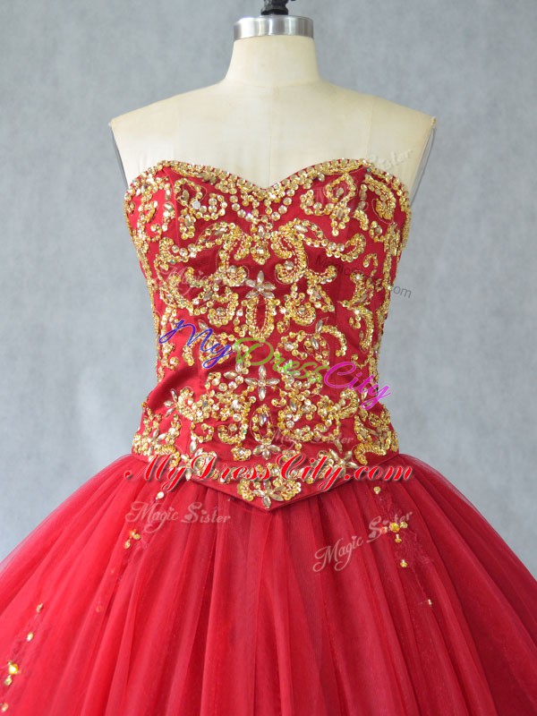 Cheap Sleeveless Tulle Brush Train Lace Up Quince Ball Gowns in Red with Beading