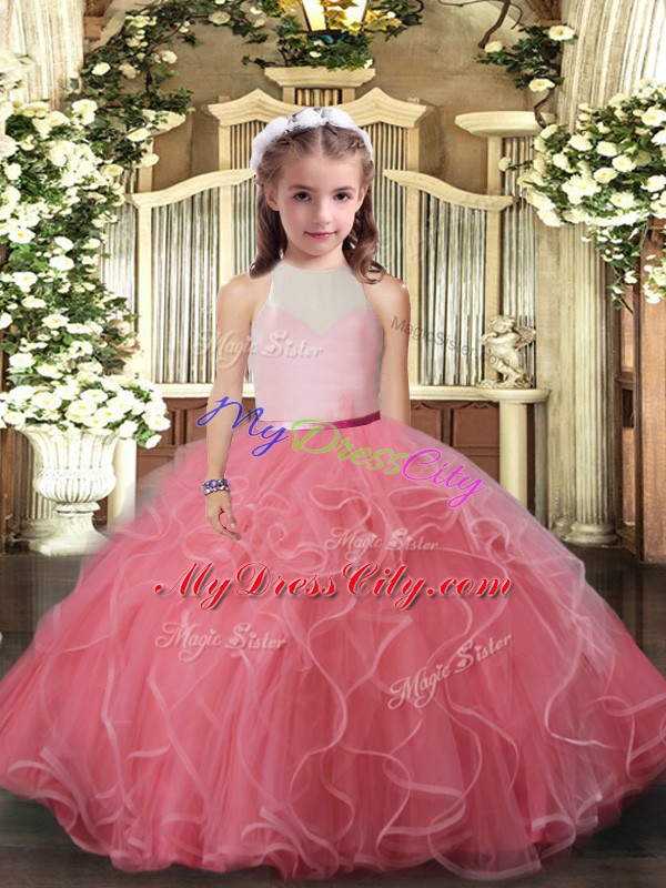 Charming Ball Gowns Little Girl Pageant Gowns Watermelon Red High-neck Tulle Sleeveless Floor Length Backless