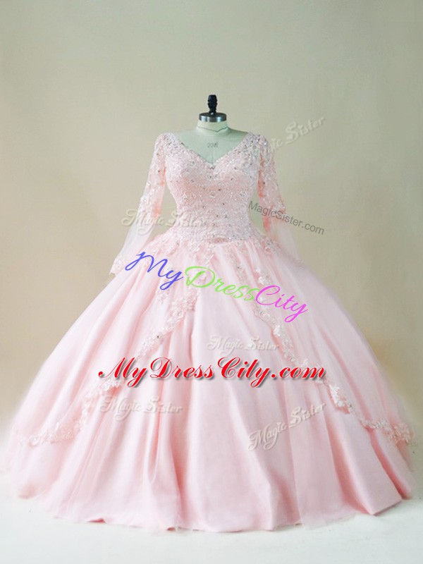 Affordable Baby Pink Ball Gowns Satin and Tulle V-neck Long Sleeves Beading and Appliques Floor Length Lace Up Sweet 16 Dress