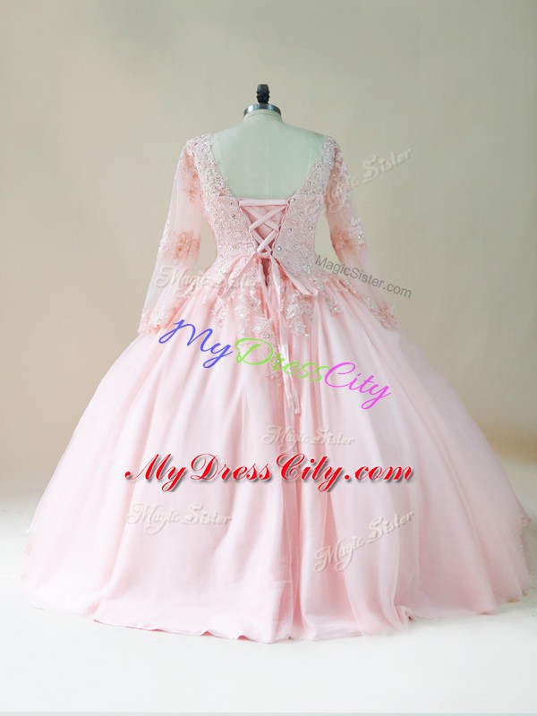 Affordable Baby Pink Ball Gowns Satin and Tulle V-neck Long Sleeves Beading and Appliques Floor Length Lace Up Sweet 16 Dress