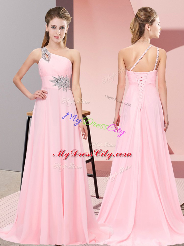 New Arrival Baby Pink Sleeveless Chiffon Brush Train Side Zipper Homecoming Dress for Prom and Party and Military Ball