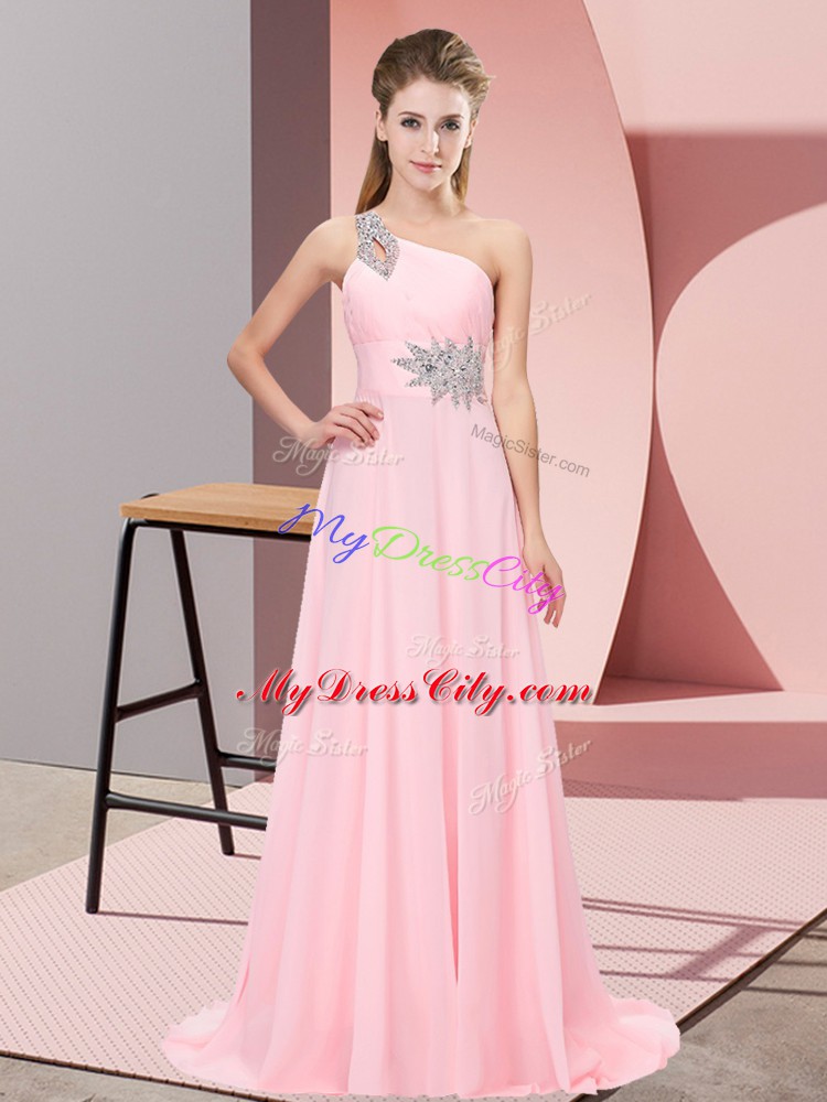 New Arrival Baby Pink Sleeveless Chiffon Brush Train Side Zipper Homecoming Dress for Prom and Party and Military Ball