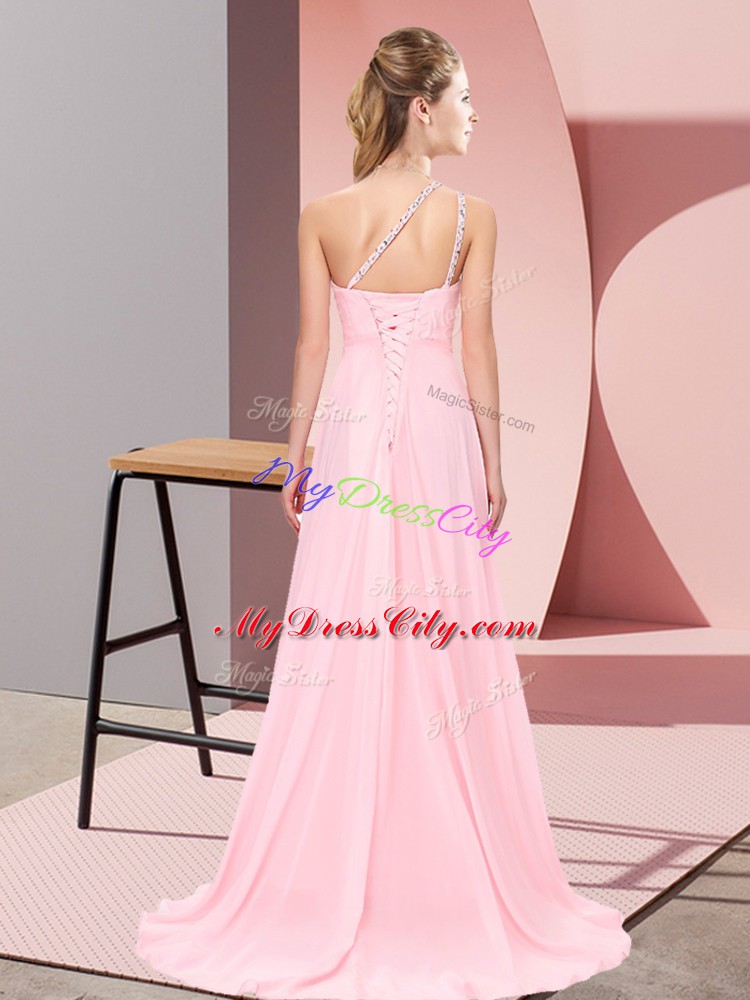 New Arrival Baby Pink Sleeveless Chiffon Brush Train Side Zipper Homecoming Dress for Prom and Party and Military Ball