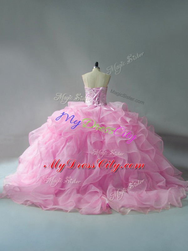 Baby Pink Lace Up Quinceanera Gowns Beading and Ruffles Sleeveless