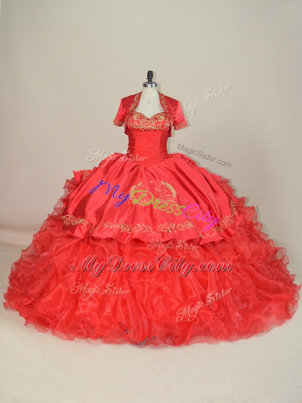 Nice Sleeveless Brush Train Embroidery and Ruffles Lace Up Sweet 16 Dresses