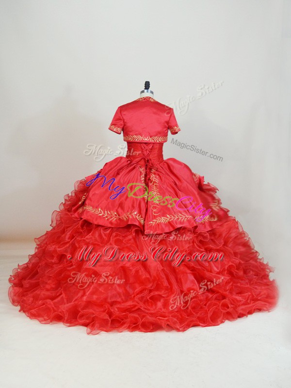 Nice Sleeveless Brush Train Embroidery and Ruffles Lace Up Sweet 16 Dresses