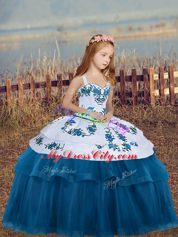 Elegant Blue Tulle Lace Up Straps Sleeveless Floor Length High School Pageant Dress Embroidery