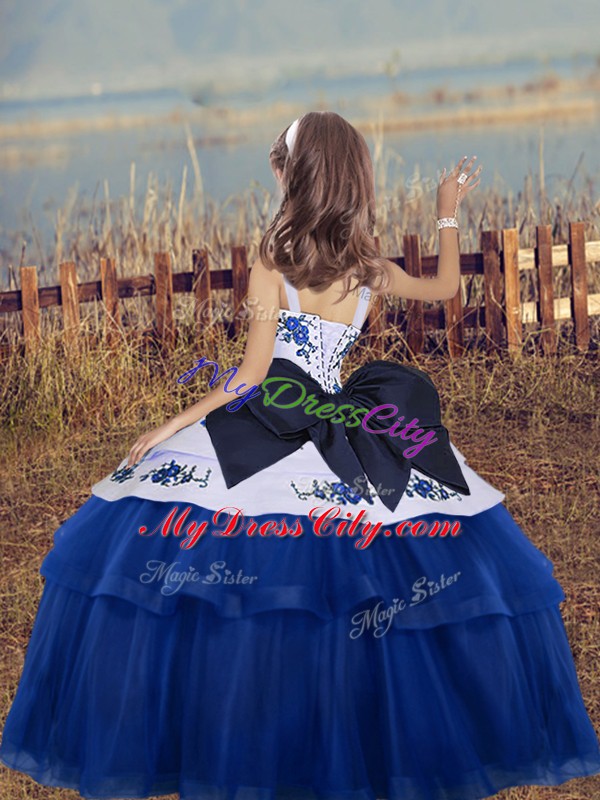 Elegant Blue Tulle Lace Up Straps Sleeveless Floor Length High School Pageant Dress Embroidery