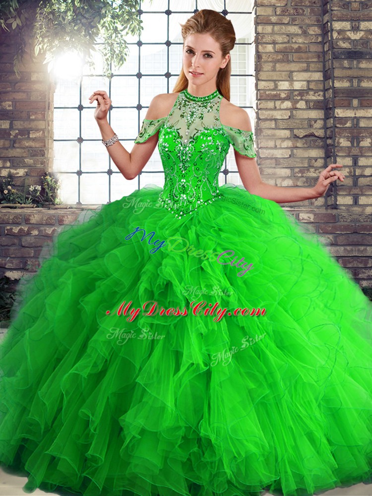 Delicate Halter Top Sleeveless Lace Up Quince Ball Gowns Green Tulle