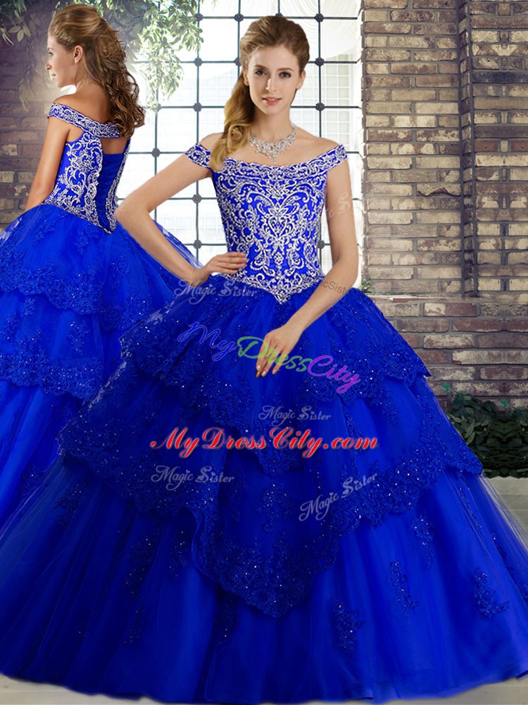 Beauteous Sleeveless Brush Train Beading and Lace Lace Up Sweet 16 Dresses