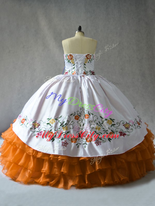 Sweetheart Sleeveless Ball Gown Prom Dress Floor Length Embroidery and Ruffled Layers Orange Organza