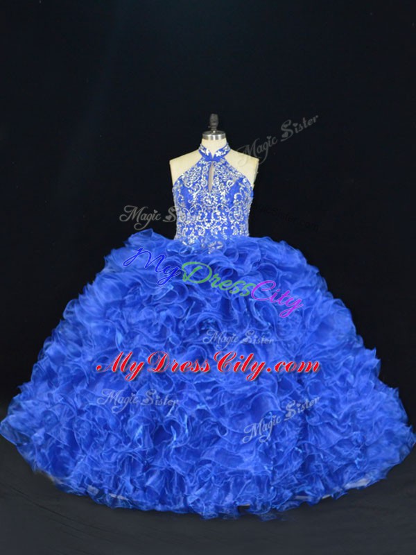 Royal Blue Lace Up Quinceanera Gown Beading and Ruffles Sleeveless Floor Length