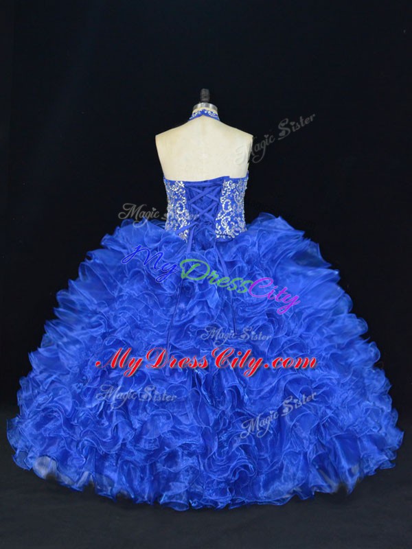 Royal Blue Lace Up Quinceanera Gown Beading and Ruffles Sleeveless Floor Length