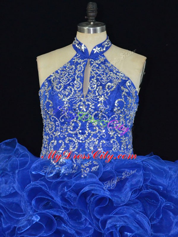 Royal Blue Lace Up Quinceanera Gown Beading and Ruffles Sleeveless Floor Length