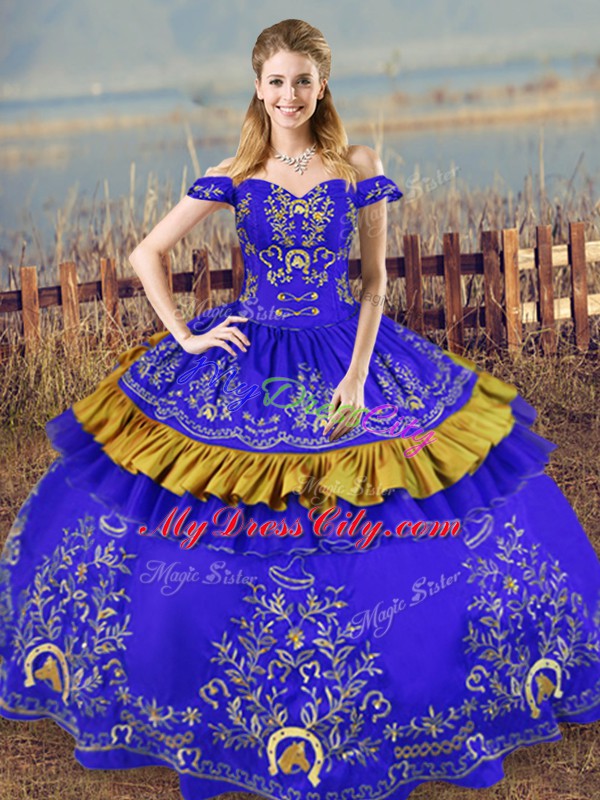 Beautiful Blue Ball Gowns Off The Shoulder Sleeveless Satin Floor Length Lace Up Embroidery Sweet 16 Dress