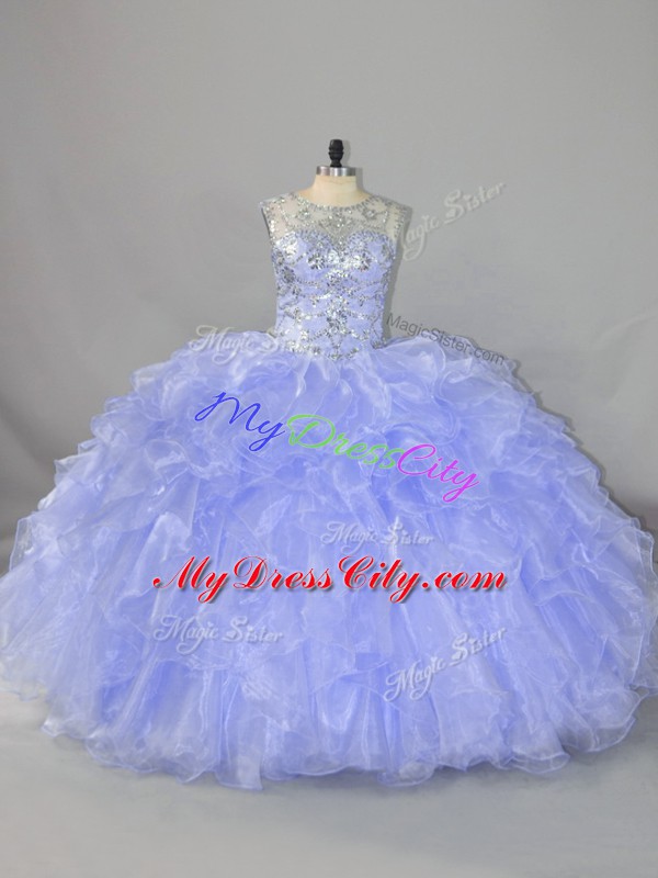 Colorful Sleeveless Floor Length Beading and Ruffles Lace Up 15th Birthday Dress with Lavender