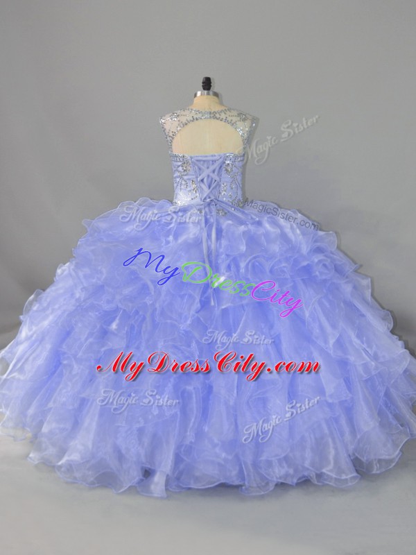 Colorful Sleeveless Floor Length Beading and Ruffles Lace Up 15th Birthday Dress with Lavender