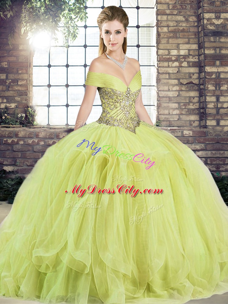 Yellow Green Tulle Lace Up Off The Shoulder Sleeveless Floor Length Vestidos de Quinceanera Beading and Ruffles