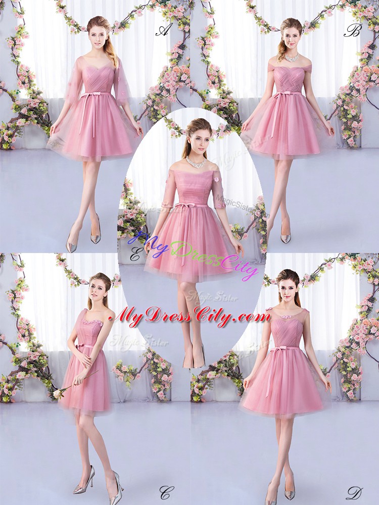 Affordable Mini Length Lace Up Wedding Guest Dresses Pink for Wedding Party with Appliques and Belt