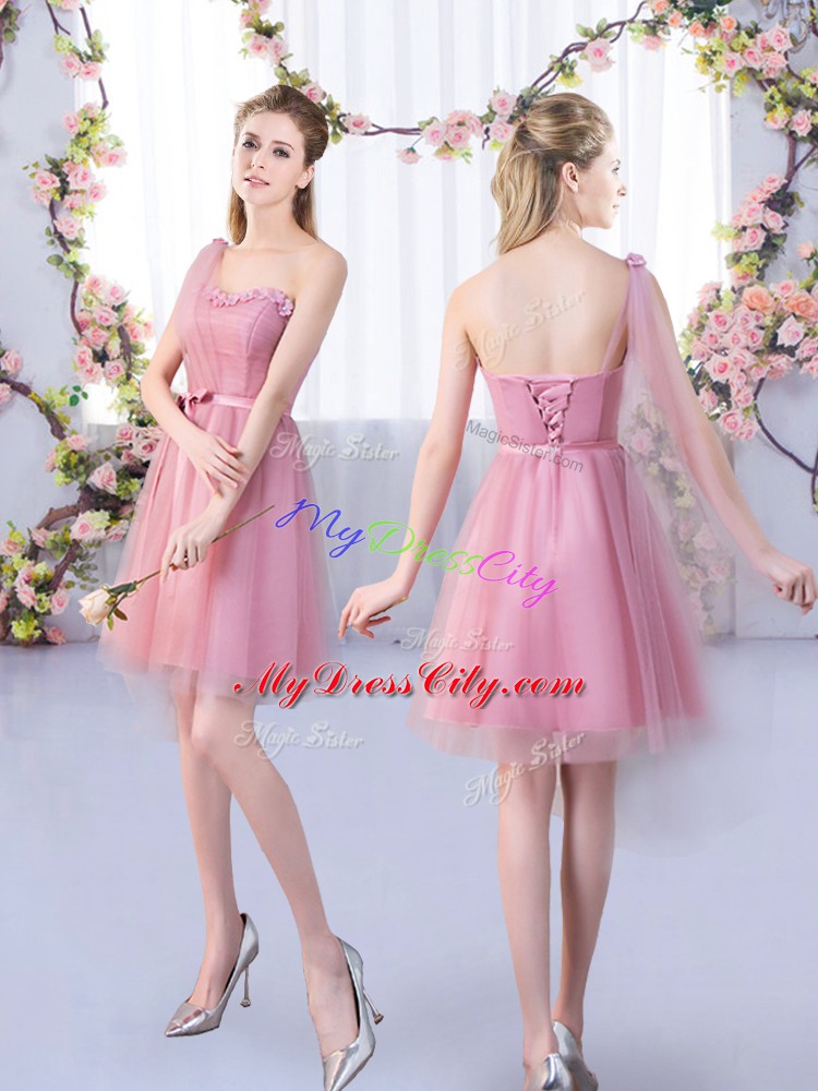 Affordable Mini Length Lace Up Wedding Guest Dresses Pink for Wedding Party with Appliques and Belt