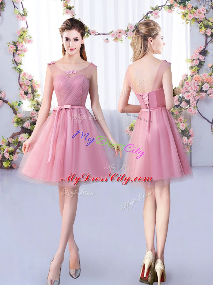 Affordable Mini Length Lace Up Wedding Guest Dresses Pink for Wedding Party with Appliques and Belt