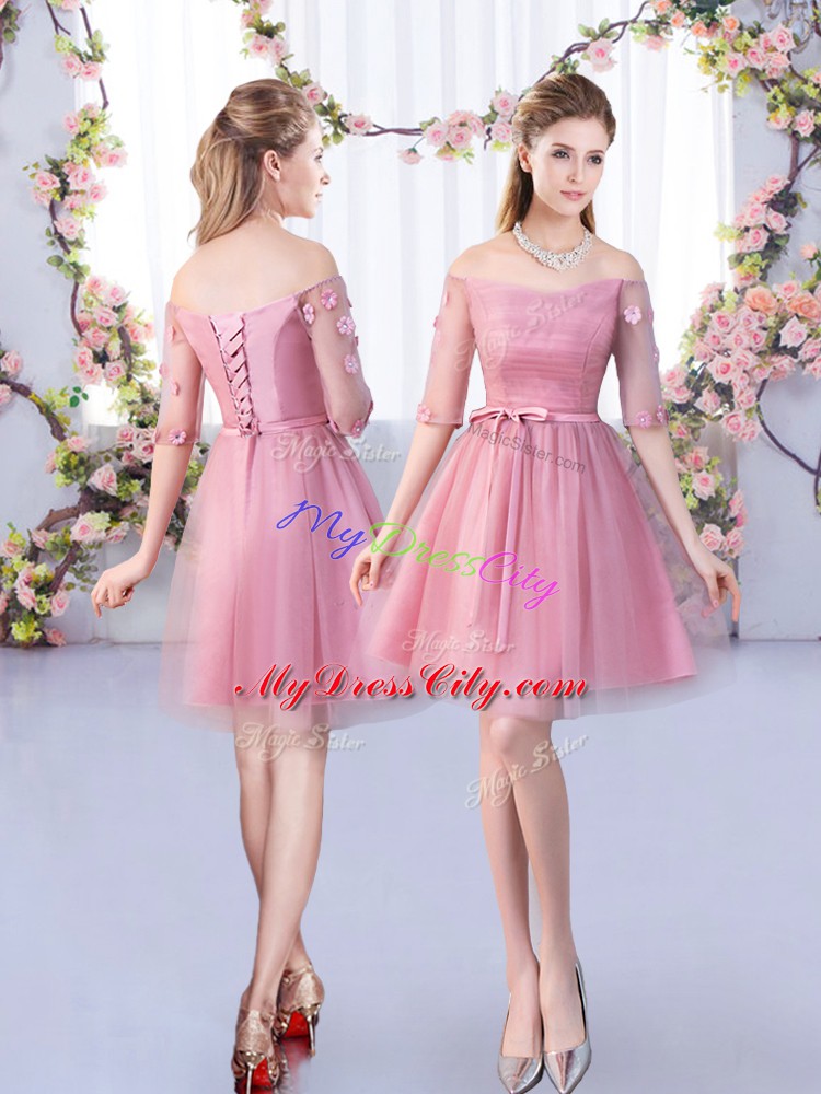 Affordable Mini Length Lace Up Wedding Guest Dresses Pink for Wedding Party with Appliques and Belt