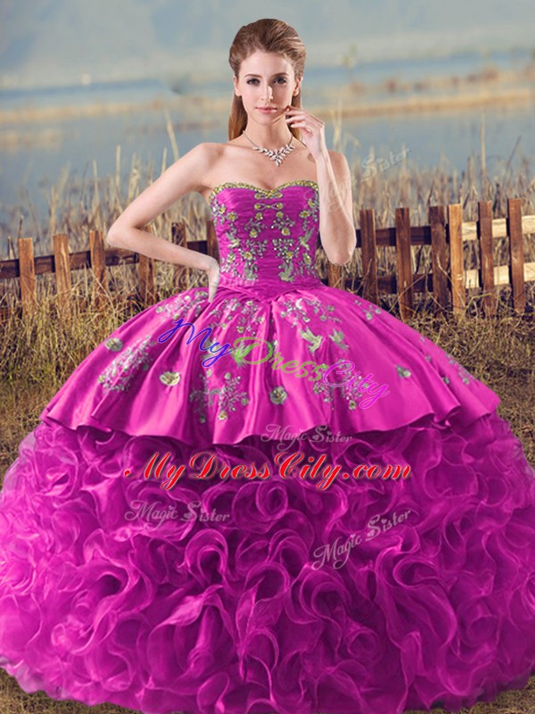 Fuchsia Sweetheart Neckline Embroidery and Ruffles Ball Gown Prom Dress Sleeveless Lace Up