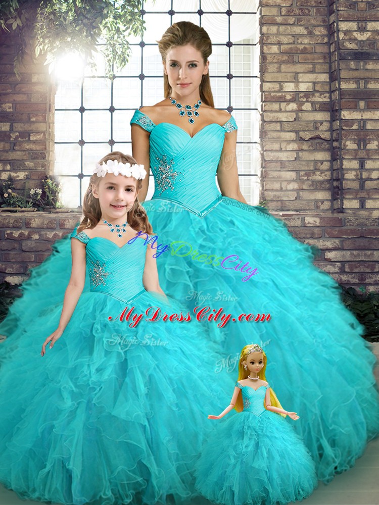 Exquisite Aqua Blue Sleeveless Beading and Ruffles Floor Length Sweet 16 Dresses