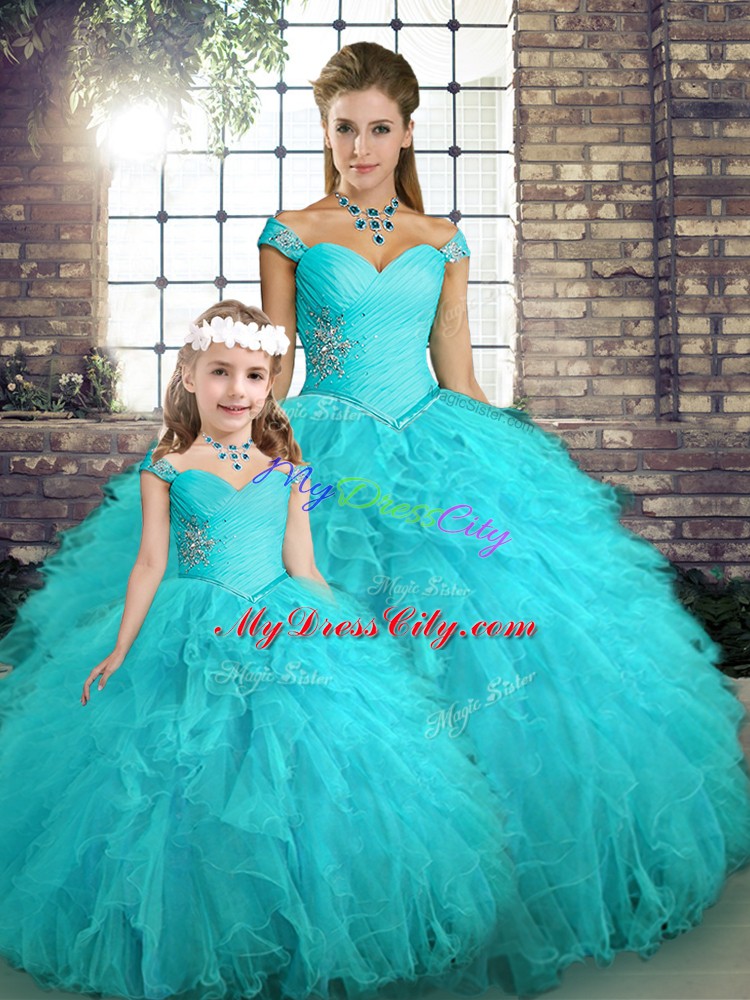 Exquisite Aqua Blue Sleeveless Beading and Ruffles Floor Length Sweet 16 Dresses