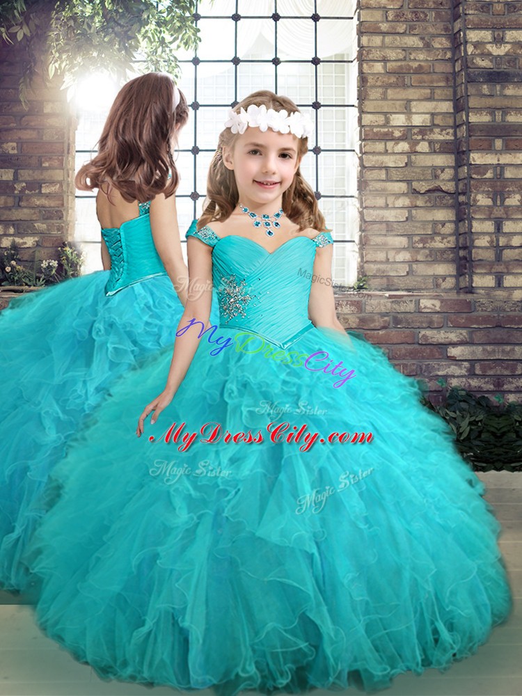 Exquisite Aqua Blue Sleeveless Beading and Ruffles Floor Length Sweet 16 Dresses