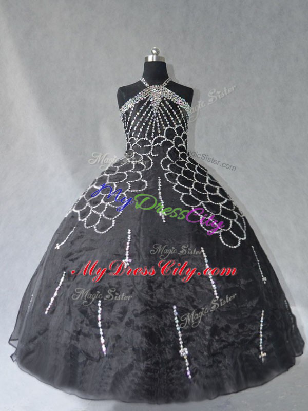 Black Organza Lace Up Halter Top Sleeveless Floor Length Quinceanera Gowns Beading