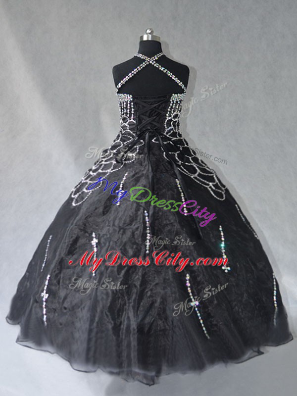 Black Organza Lace Up Halter Top Sleeveless Floor Length Quinceanera Gowns Beading