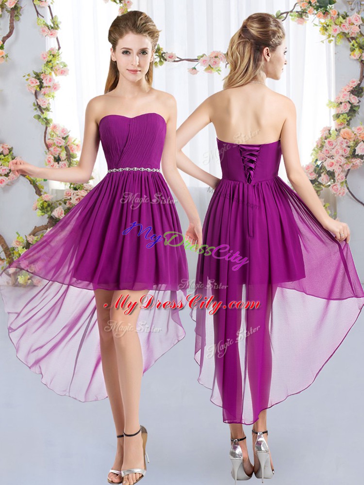 Sexy High Low Purple Bridesmaid Dresses Chiffon Sleeveless Beading