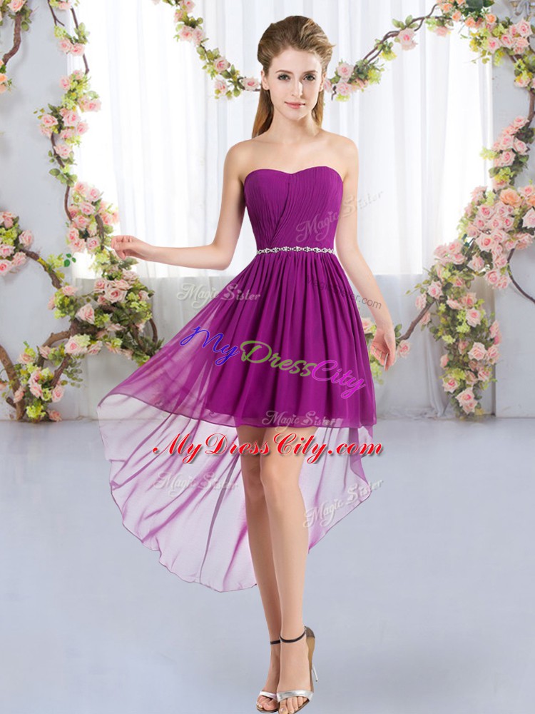 Sexy High Low Purple Bridesmaid Dresses Chiffon Sleeveless Beading