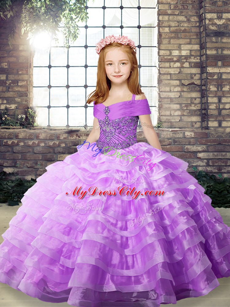 Lace Up Winning Pageant Gowns Lilac for Party and Wedding Party with Beading and Ruffled Layers Brush Train