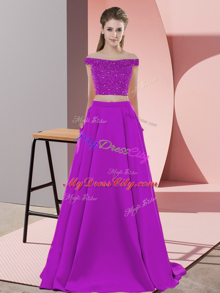 Customized Purple Elastic Woven Satin Backless Evening Dresses Sleeveless Sweep Train Beading