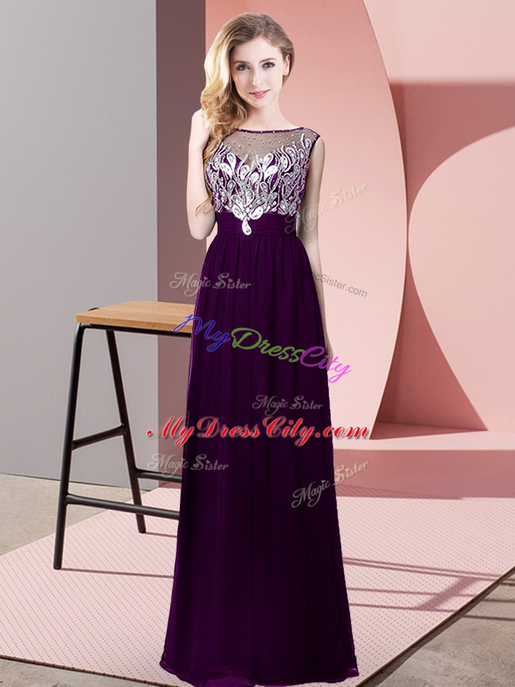 Customized Purple Empire Scoop Sleeveless Chiffon Floor Length Backless Beading Pageant Dress for Womens