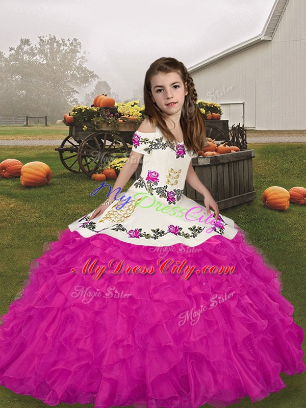 Sleeveless Lace Up Floor Length Embroidery and Ruffles Kids Formal Wear