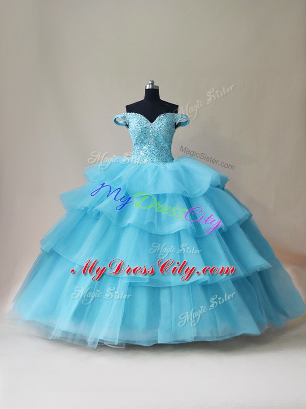 Great Aqua Blue Lace Up 15 Quinceanera Dress Beading and Ruffled Layers Sleeveless Floor Length