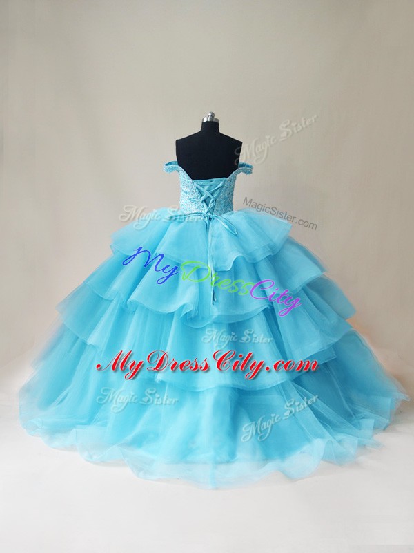 Great Aqua Blue Lace Up 15 Quinceanera Dress Beading and Ruffled Layers Sleeveless Floor Length