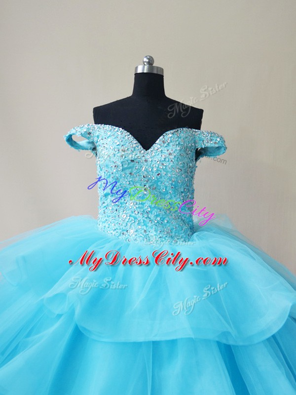 Great Aqua Blue Lace Up 15 Quinceanera Dress Beading and Ruffled Layers Sleeveless Floor Length