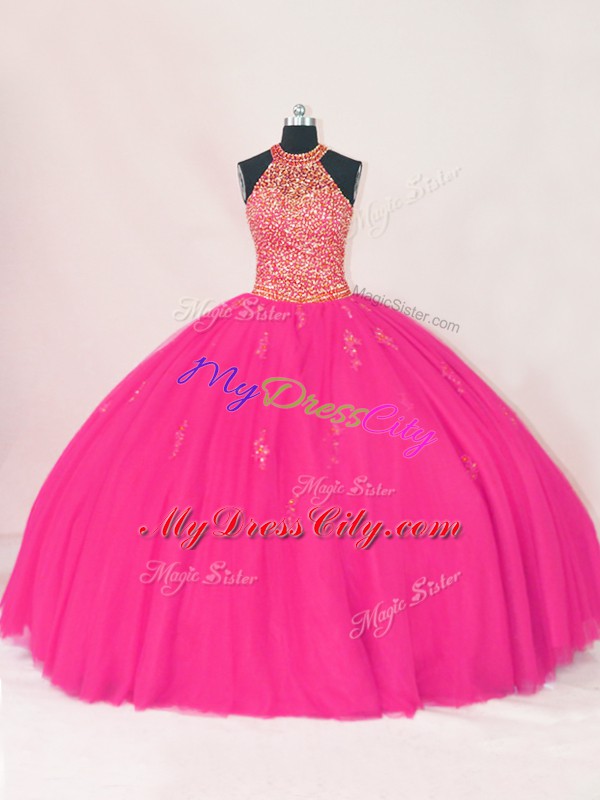 Hot Pink Ball Gowns Beading and Appliques 15th Birthday Dress Lace Up Tulle Sleeveless Floor Length