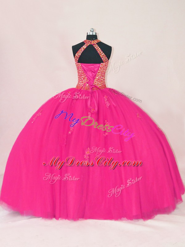 Hot Pink Ball Gowns Beading and Appliques 15th Birthday Dress Lace Up Tulle Sleeveless Floor Length