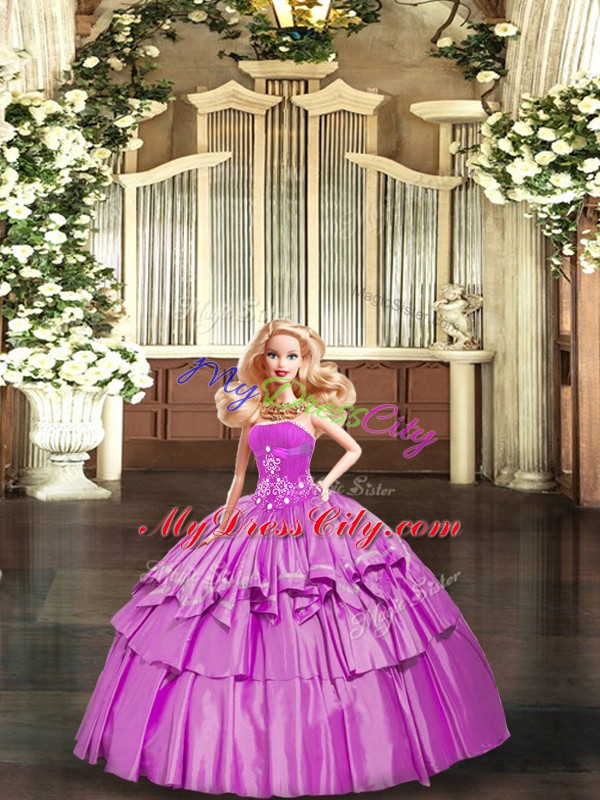 Delicate Floor Length Lilac Quinceanera Gown Strapless Sleeveless Lace Up