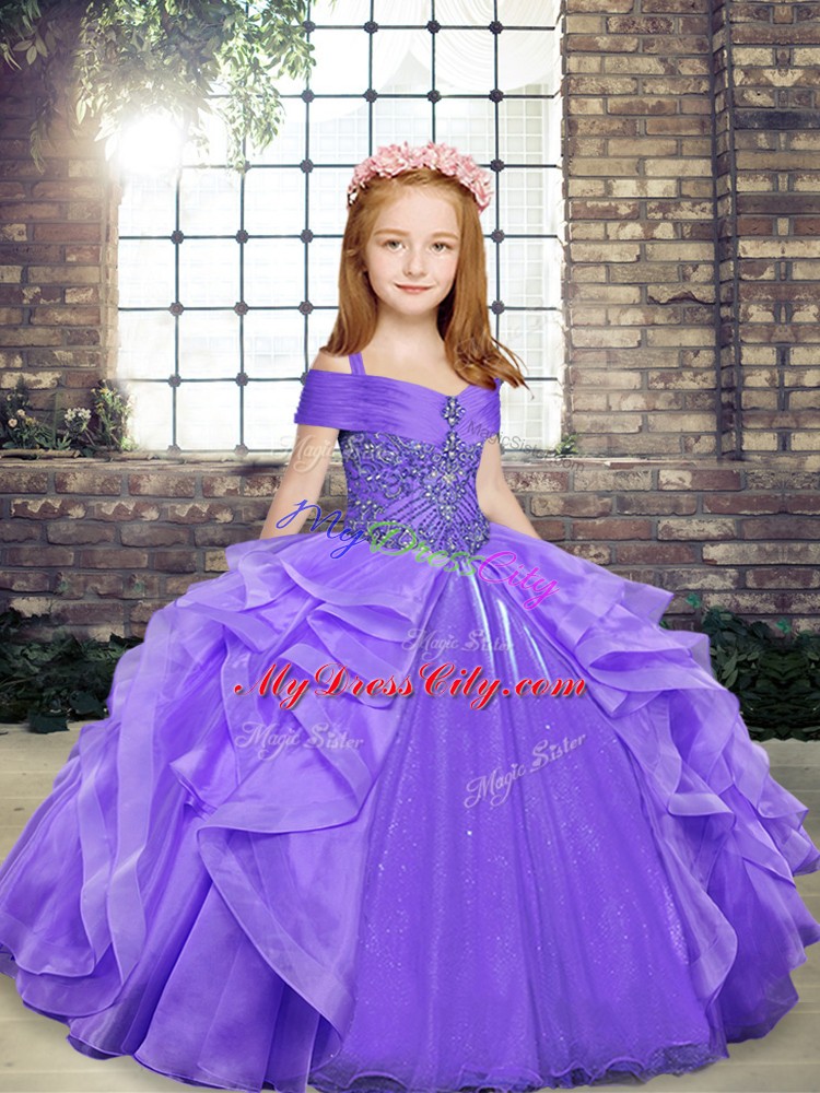 Sleeveless Lace Up Floor Length Beading and Ruffles Pageant Dress Toddler