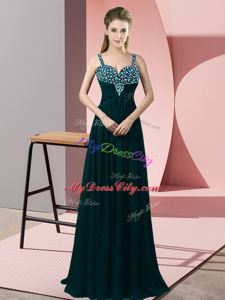 Luxurious Sleeveless Chiffon Floor Length Zipper Evening Gowns in Peacock Green with Beading