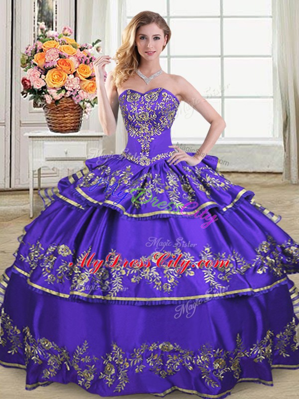 Noble Purple Sweetheart Neckline Embroidery and Ruffled Layers Quince Ball Gowns Sleeveless Lace Up