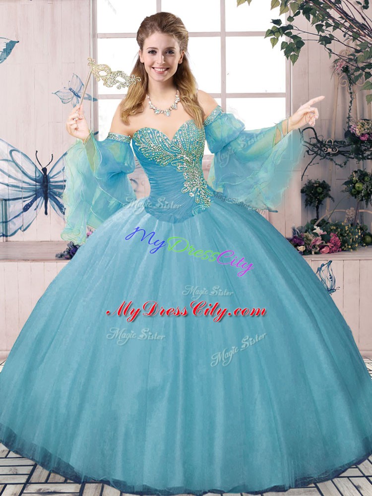 Fitting Tulle Sweetheart Long Sleeves Lace Up Beading and Ruching Quinceanera Dresses in Blue