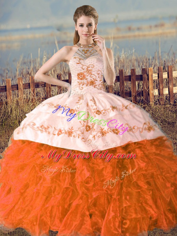 Orange and Rust Red Organza Lace Up 15th Birthday Dress Sleeveless Court Train Embroidery